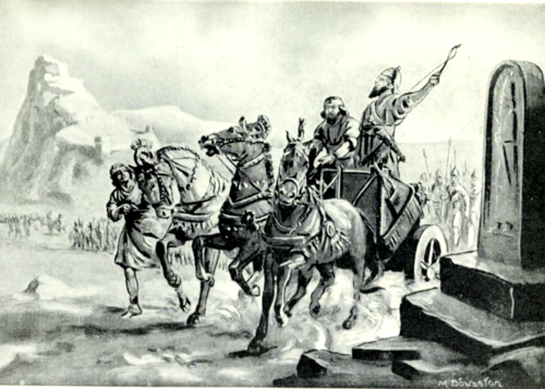 20th-century illustration of Tiglath-Pileser in 743 BC outside Tushpa, the capital of Urartu