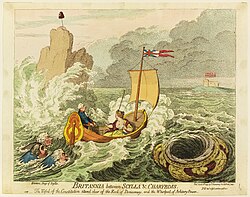 1793 cartoon depicting William Pitt steering the British Ship of State between democracy and autocracy
