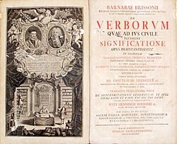 Frontispiece of a 1743 legal text by Barnabé Brisson shows his name Latinised in the genitive Barnabae Brissonii ('of Barnabas Brissonius'). Barnabas is itself a Greek version of an Aramaic name.
