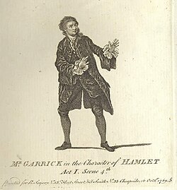 David Garrick expresses Hamlet's shock at his first sighting of the ghost (artist: unknown).