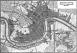 1890 German map of New Orleans, with surrounding communities of Algiers, Carrollton, Gretna.