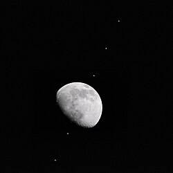 Composite of six photos of the ISS transiting the gibbous Moon