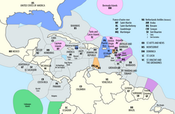 Exclusive economic zones (EEZ) in the Caribbean, with American zones in blue, British in pink, French in purple, Dutch in orange, and Ecuadorian in green