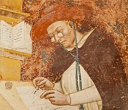 Detail of a portrait of Cardinal Hugh of Saint-Cher (wearing spectacles), painted by Tommaso da Modena in 1352. Tommaso trained in Venice and worked mostly in Northern Italy.
