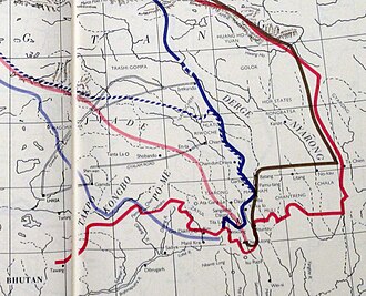 Map 2: Frontier proposals in Kham: Dark blue line – the boundary of 'Outer Tibet' proposed in the conference; Light blue line – the boundary proposed by China; Pink line (1915) and Dashed blue line (1919) were later Chinese proposals. (Hugh Richardson, 1945)
