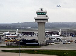 Tall, white control tower