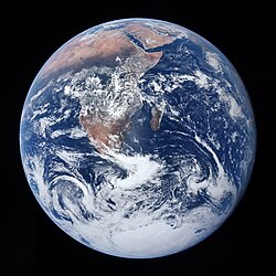 The Blue Marble photograph taken on December 7, 1972, during Apollo 17. "We went to explore the Moon, and in fact discovered the Earth." —Eugene Cernan