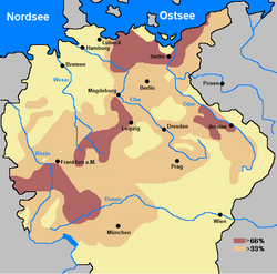 Population decline within Germany, 1618 to 1648 Note: Decline includes factors such as emigration from rural to more secure urban areas and does not equate to deaths 33–66% >66%