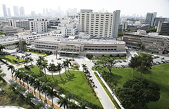 Jackson Memorial Hospital in Miami, the primary teaching hospital of the University of Miami's Miller School of Medicine and the largest hospital in the United States with 1,547 beds[15]