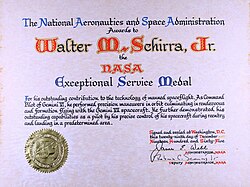Certificate that accompanies the medal, given to Wally Schirra in 1964.