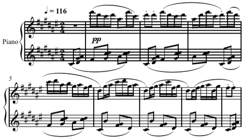 Quartal harmony in "Laideronnette" from Ravel's Ma Mère l'Oye. The top line uses the pentatonic scale[5] Playⓘ