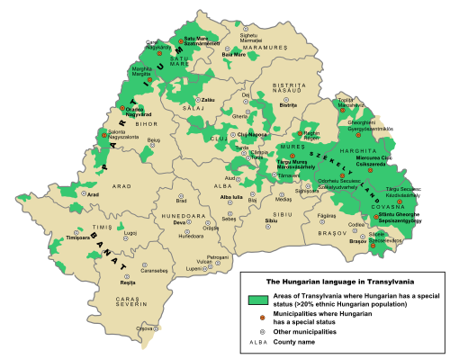 Areas of Transylvania, in Romania, where Hungarian has co-official status (areas in which at least 20% of the population is Hungarian)