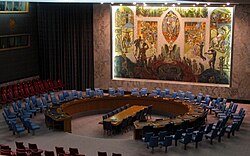 The United Nations Security Council mural, by Per Krohg (1952), towers over meetings of the Security Council at UN headquarters in New York City