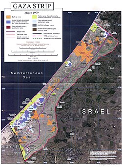 Map of the Gaza Strip in March 1999. The major settlement blocs were the blue-shaded regions of this map.