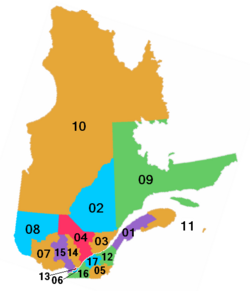 The seventeen administrative regions of Quebec