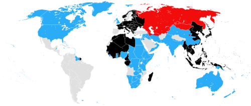 Territory controlled by the Allies (blue and red) and the Axis Powers (black) in June 1942