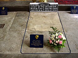 Shakespeare's grave, next to those of Anne Shakespeare, his wife, and Thomas Nash, the husband of his granddaughter