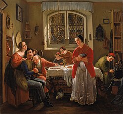 "The Return of the Volunteer from the Wars of Liberation to His Family Still Living in Accordance with Old Customs", by Moritz Daniel Oppenheim