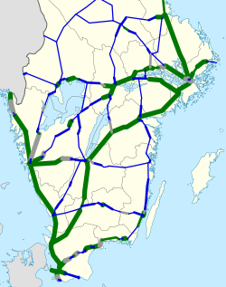 The national trunk road network in southern Sweden (in northern Sweden, only the European routes are trunk roads)