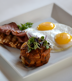 A dish called "Duck, Duck, Duck" because the three parts come from the complex body of the duck: duck eggs, duck confit and roast duck breast