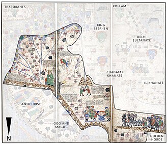 Empire of the Great Khan ("Catayo" for Cathay) according to the Catalan Atlas (1375, rotated 180°). Xinjiang with its caravan of traders appears in the bottom right corner, while the Pacific coast runs along the top-left corner. Kublai Khan is seen enthroned. A flag with three red crescent moons () appears on all the territory.[81]