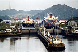 Two Panamax ships in the Miraflores Locks on the Panama Canal, Panama