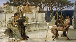 Sappho listens as the poet Alcaeus plays a kithara. (Painting by Lawrence Alma-Tadema, 1881)[17]