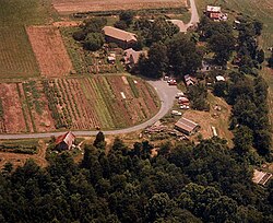 An aerial view of Twin Oaks’ main entrance and communal garden