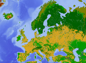 Land use map of Europe with arable farmland (yellow), forest (dark green), pasture (light green) and tundra, or bogs, in the north (dark yellow)