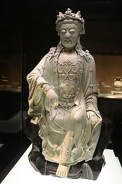 A Yuan Qingbai porcelain statue of Guanyin, a bodhisattva of Mahayana Buddhism