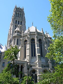 The northern facade of Riverside Church, seen from 122nd Street at the eastern side of the ambulatory