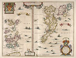 An old map of two island groups with the Orcades at left and Schetlandia at right. A coat of arms at top left shows a red lion rampant on a yellow shield flanked by two white unicorns. A second heraldic device is shown at the bottom right below the Oceanus Germanicus. This has two mermaids surrounding a tabula containing very small writing, topped by a yellow and blue shield.