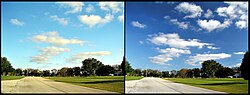 Scattered blue light is polarized. The picture on the right is shot through a polarizing filter: the polarizer transmits light that is linearly polarized in a specific direction.