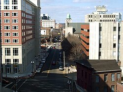 Looking north from the corner of New and George Streets. The Heldrich Center is on the left.