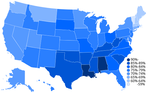 Percentage of respondents in the USA stating that religion is "Very important" or "Somewhat important" in their lives, 2014[16]