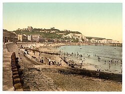 Photochrom showing Dover Harbour Beach, c. 1900