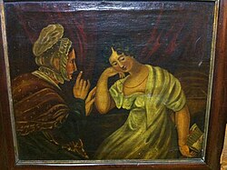 Painting by Henry James Richter, depicting a scene from Sir Walter Scott's The Antiquary (1816), executed between 1816 and 1832. A handwritten poem, The Love Letter, by Letitia Elizabeth Landon, is on a wooden slide at the bottom of the painting.[45][46]