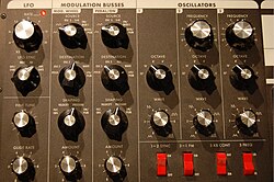 Some of the Minimoog Voyager controls. Note the NOISE/PGM option on the top rotary switches controlling the modulation busses.