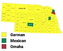 Largest alone or in any combination ethnic origin by county in Nebraska, per the 2020 census