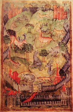 Depiction of a medieval hunting park from a 15th-century manuscript
