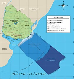 Map of Uruguay; including its 19 departments, territorial sea, exclusive economic zone and extended continental shelf