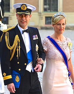 Sophie, Duchess of Edinburgh (in 2013, as the Countess of Wessex) wearing the riband of a Dame Grand Cross of the Order