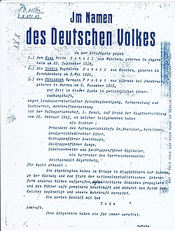 1943 German High Court decree (death sentence) against the White Rose members