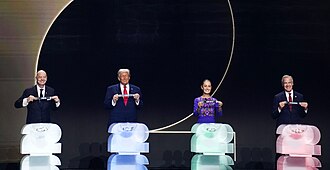 From left to right, FIFA president Gianni Infantino, U.S. president Donald Trump, Mexican president Claudia Sheinbaum, and Canadian prime minister Mark Carney at the start of the draw.
