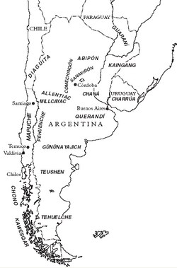 The approximate distribution of languages in the southernmost regions of South America during the years of the Spanish conquest