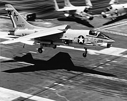 An F-8H from VF-202 landing aboard John F. Kennedy, in 1971.