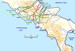 The situation south of Rome showing German prepared defensive lines