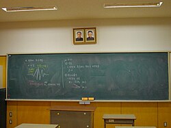 Classroom at Tokyo Korean High School with photographs of Kim Il Sung and Kim Jong Il