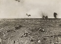 Dead Canadian soldiers lying in no man's land on the Somme battlefield in France, 1918