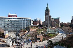 The Myeongdong Cathedral, a popular tourist attraction towards the end of the shopping district.